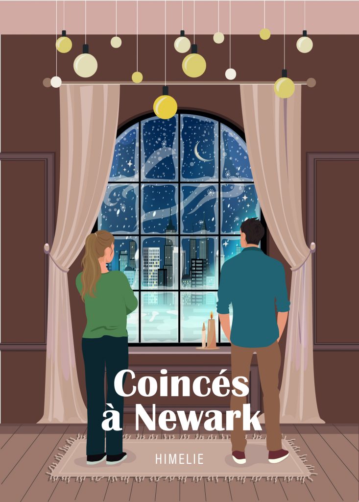 Couverture de mon premier roman, un homme et une femme devant une fenêtre qui donne sur New York enneigée